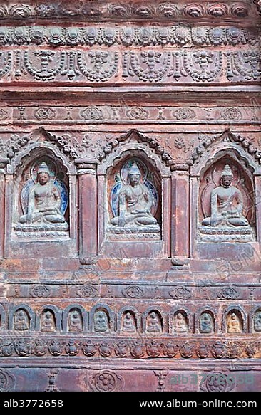 Ornate wall of Mahabuddha temple, detail, Patan, Nepal, Asia.