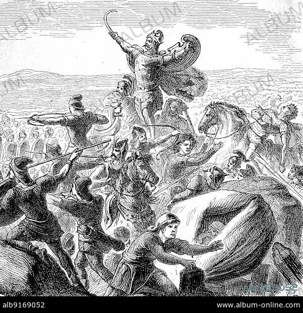 The Battle of the Catalaunian Plain, Fields, Battle of Chalons or the Battle of Maurica, took place on 20 June 451 AD between a coalition led by the Roman general Flavius Aetius and the Visigoth king Theoderic I against the Huns and their vassals under the command of their king Attila, the history of ancient Rome, the Roman Empire, Italy, Europe.
