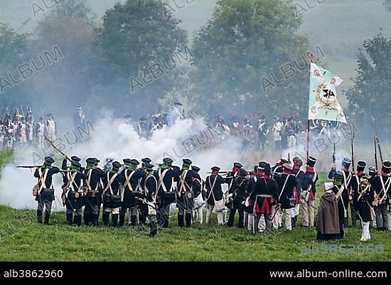 Battle of Jena in 1806, historic battlefield, battle re-enactment, Prussian troops, Jena, Thuringia, Germany, Europe.