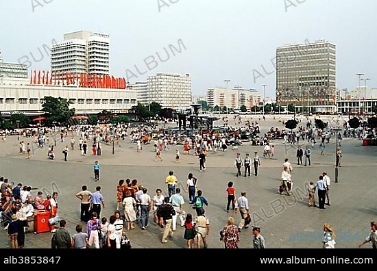 Alexanderplatz square in East Berlin, 1986, Berlin, East Germany, GDR, Europe.