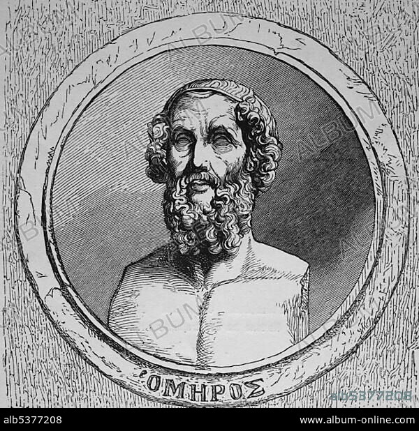 Homer, author of the Iliad and the Odyssey, considered to be the first poet of the occident, woodcut from 1880.