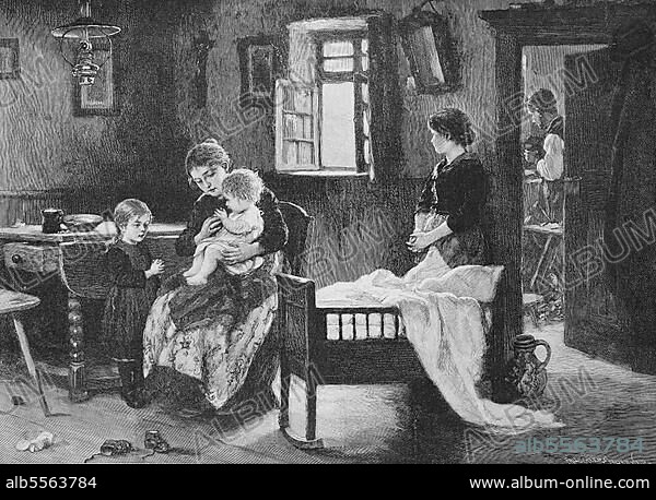 Abendgebet in der Bauernstube, für das Baby ist bereits das Bett gerichtet, 1880, Deutschland, Historisch, digitale Reproduktion einer Originalvorlage aus dem 19. Jahrhundert, Originaldatum nicht bekannt.