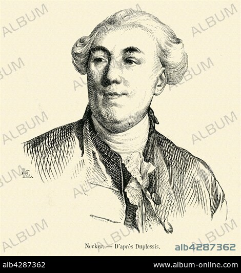 Jacques Necker was a politician and merchant during the 18th Century, born in Geneva on the 30th September 1732, and died in Coppet (Switzerland) on the 9th April 1804. Necker was tasked with control over the finances of the monarchy during three separate points in his career under King Louis XVI: in 1776, 1788 and 1789. He was the father of Germaine Necker, baroness of Staël-Holstein (1766-1817), known as Mme de Staël, a famous writer. 19th Century engraving.