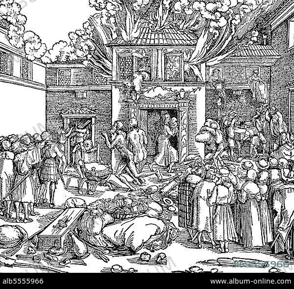 Feuersbrunst in einer mittelalterlichen Stadt, 1690, Frankreich, Historisch, digital restaurierte Reproduktion einer Originalvorlage aus dem 19. Jahrhundert.