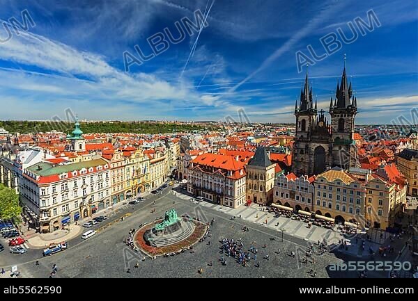 View of Stare Mesto Square and Tyn Church from City Hall, Prague, Czech Republic, Europe.