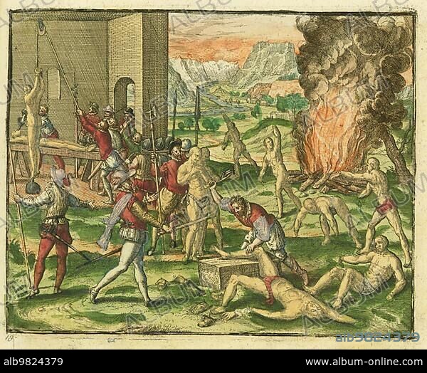 Torture; Hernando de Soto tortures Native Americans. Spanish soldiers chop off limbs and hands; burn; pour liquid down throats in a funnel and hang Indians; 1700; America; Historical; digitally restored reproduction from a 19th century original.