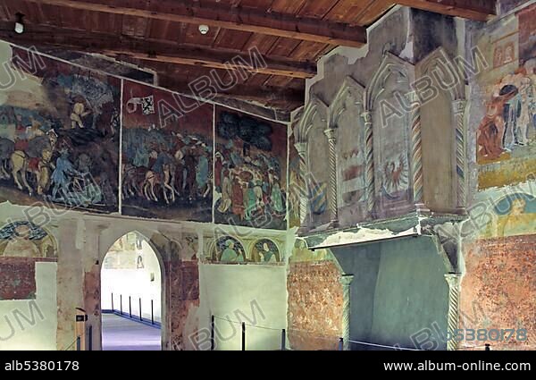 Frescos from about 1230 and a late gothic fireplace in the Garel room on the castle Runkelstein South Tirol Italy.