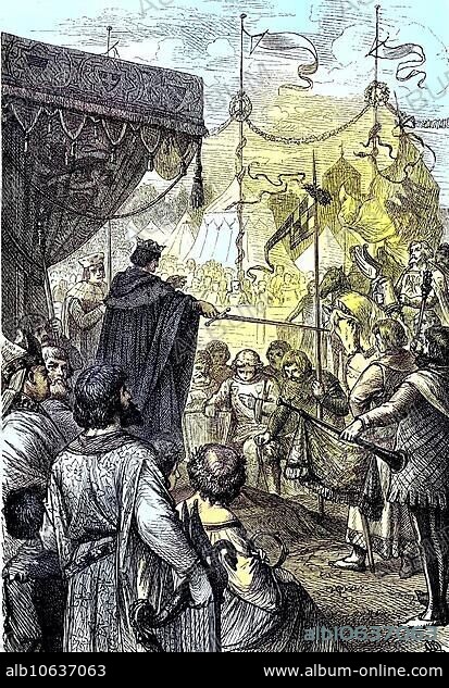 Ritterschlag, der Ritterschlag, der zentrale Akt der rituellen Verleihung der Ritterwürde im Mittelalter, Reproduktion eines Holzschnitts aus dem Jahr 1880, digital verbessert, The accolade, dubbing or adoubement, the central act in the rite of passage ceremonies conferring knighthood in the Middle Ages, reproduction of a woodcut from the year 1880, digital improved.