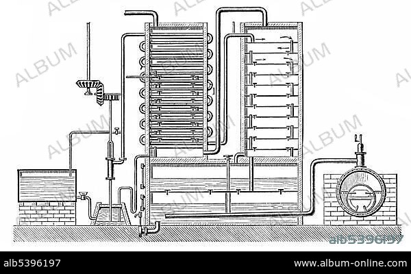 Historical graphic representation, Coffey distillation device or column still, distillation apparatus by the Irishman Aeneas Coffey, 19th Century, from Meyers Konversations-Lexikon encyclopaedia, 1890.