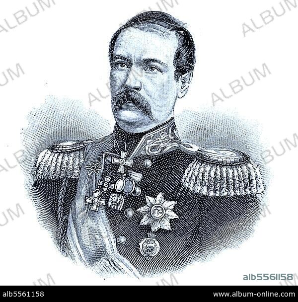 Graf Eduard Iwanowitsch von Totleben, 20. Mai 1818 Jelgava, Lettland, 1. Juli 1884 in Bad Soden, war ein deutsch-baltischer General der russischen Armee und Verteidiger der Festung Sebastopol, digitale verbesserte Datei eines Originaldrucks aus dem 19. Jahrhundert.