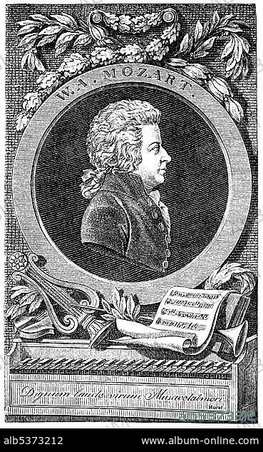 Historical drawing from the 19th Century, portrait of Wolfgang Amadeus Mozart, 1756-1791, composer of the Viennese Classical period.