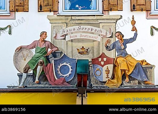Bavarian mural painting on house facade, watchmaker and jeweler, House Gerspach, Garmisch, Garmisch-Partenkirchen District, Werdenfelser Land, Upper Bavaria, Bavaria, Germany, Europe.