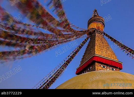 Der Stupa von Bodnath oder Boudhanath, Boudhanath, Kathmandu, Kathmandu District, Bagmati Zone, Nepal, Asia.