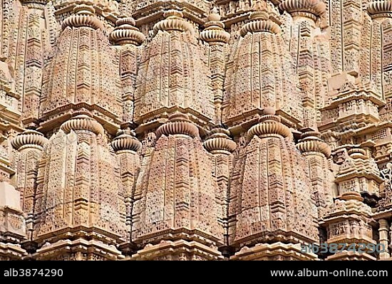 Ornaments on Shikhara Tower, Kandariya Mahadeva Temple, Western Group, Khajuraho Group of Monuments, UNESCO World Heritage Site, Khajuraho, Madhya Pradesh, India, Asia.