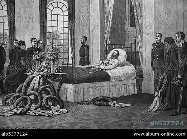 Historical engraving, Emperor Frederick on his deathbed, Frederick, III, full name Frederick William Nicholas Charles of Prussia, 1831-1888, German Emperor and King of Prussia for 99 days, woodcut, 1888.