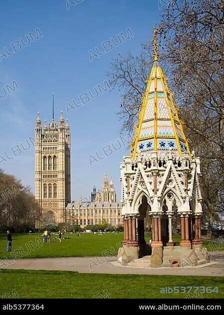The Buxton Memorial at Victoria Tower Gardens, Palace of Westminster / Houses of Parliament, London, UK, Europe.