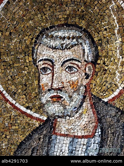 Basilica of Sant'Apollinare Nuovo, Ravenna (Italy). Detail of the mosaic of the nave: Saint Martin opening the procession of the holy martyrs. Detail of St Martin's face.. 6th century.. The Basilica is one of the Roman Catholic building in Byzantine style built in the early 6th century by Theodoric the Great, near its palace. It was used as a palatine church and was then dedicated to the Savior.