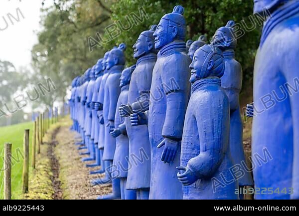 Carvalhal Bombarral, Portugal - 13 December 2020: blue Chinese terracotta warriors in the Buddha Eden Garden in Portugal.