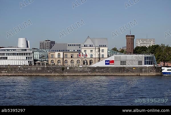 Chocolate Museum Imhoff Stollwerck and Malakoffturm tower at the Rhine river, Cologne, Rhineland, North Rhine-Westphalia, Germany, Europe.