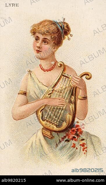 Musical instruments; woman playing a musical instrument; lyre; antique stringed instrument; lyre; historical; digital reproduction of a 19th century collector's picture.