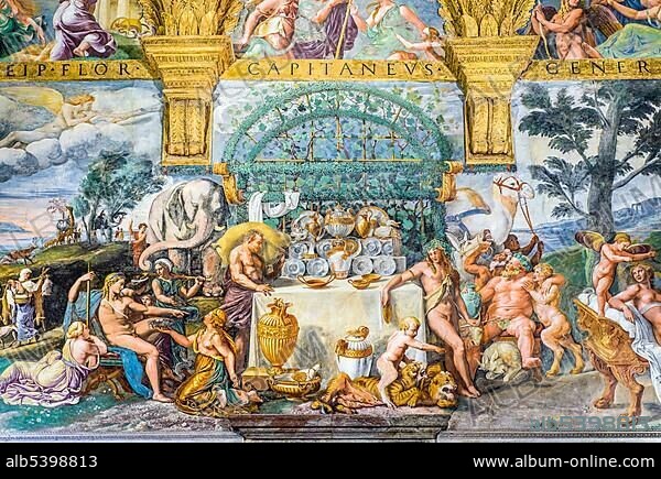 Wedding banquet of Cupid and Psyche, mythological fresco by Giulio Romano in the hall of Amor and Psyche, Camera di Amore e Psiche, pleasure palace Palazzo Te, Mantua, Lombardy, Italy, Europe.