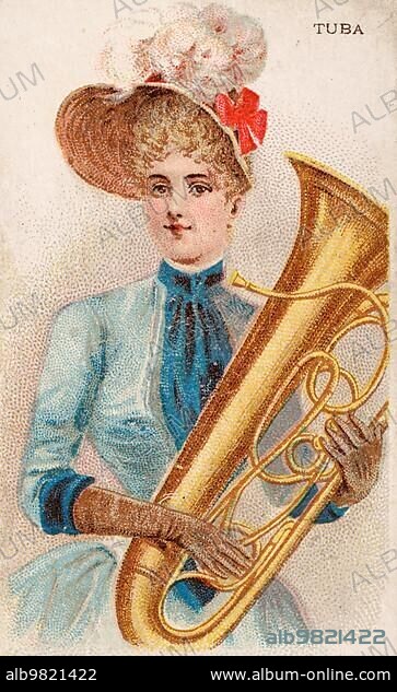 Musical instruments; Woman playing a musical instrument; Tuba; Historical; digital reproduction of a 19th century collector's picture.
