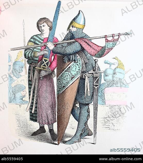 Folk traditional costume, clothing, history of costumes, squire and knight in the first crusade, 12th century, France, digitally restored reproduction of a 19th century original, exact date unknown, Europe.