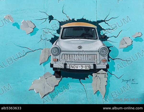 Mural Test The Best Test The Rest, Trabi Breaks Through Wall, Artist Birgit Kinder, East Side Gallery, Wall Gallery, Berlin, Germany, Europe.