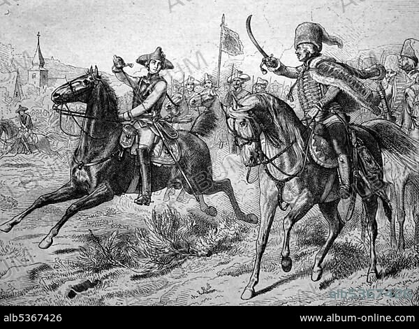 Friedrich Wilhelm von Seydlitz (1721-1773), and Hans Joachim von Zieten (1699-1786), in combat, historical illustration, circa 1886.
