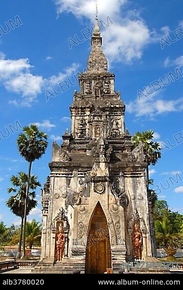Theravada Buddhism, old ornate temple, That Ing Hang Stupa, in Savannakhet, Laos, Southeast Asia, Asia.