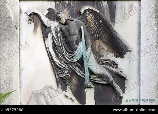 Thanatos on the gravestone, grave of Dr. jur. Georg Ludwig Ritter von Maurer, 1790-1872, privy council, Alter Suedfriedhof Cemetery, Munich, Bavaria, Germany, Europe.