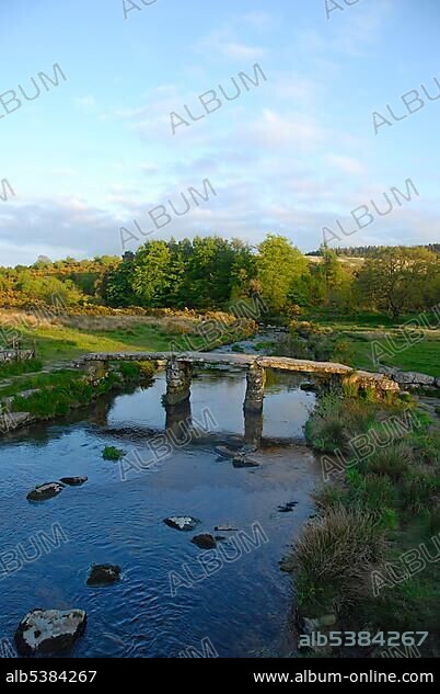 Prehistoric Clapper Bridge, Postbridge, Dartmoor, Devon, England, UK.