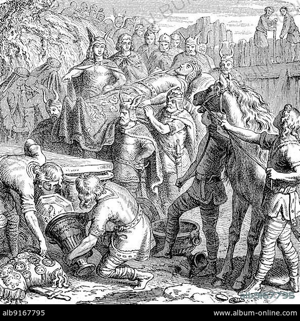 Burial of Alaric I. Allarich, on the river Busento, Calabria. Italy, 410 AD the History of Ancient Rome, Roman Empire, Italy, Historical, digitally restored reproduction of a 19th century original, exact date unknown, Europe.