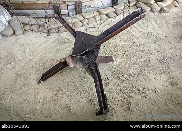 Czech hedgehog in the Musée du Débarquement Utah Beach, World War Two museum at Sainte-Marie-du-Mont, Normandy, France, Europe.