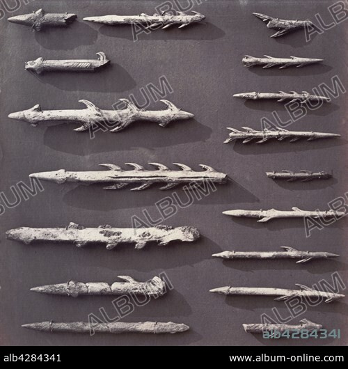 Harpoon tips. Made of antler, with barb on one or both sides. Photographed by Stephen Thompson. Photographs of the collections of the British Museum.