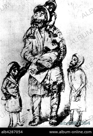 Ghetto in Warsaw. Drawing by Roman Kramsztyk (who lived in the Warsaw ghetto). Man and children. 1940-1943. Poland - World War II. Paris, CDJC.