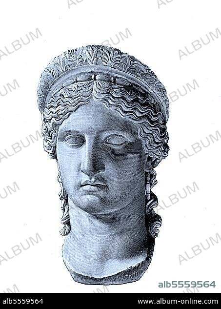 Marmorkopf der Hera, ist in der griechischen Mythologie die Gattin und zugleich die Schwester des Zeus und damit die Tochter von Kronos und Rhea, sie gehört zu den zwölf olympischen Gottheiten, den Olympioi, digitale verbesserte Reproduktion eines Originaldrucks aus dem 19. Jahrhundert.