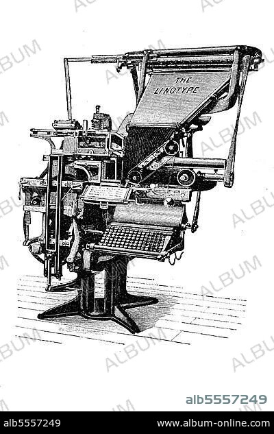 Druckerei, Linotype Setzmaschine der Mergenthaler Setzmaschinenfabrik, Deutschland, digital restaurierte Reproduktion einer Originalvorlage aus dem 19. Jahrhundert.