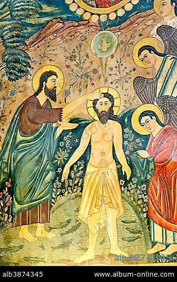 Armenian Apostolic Church, Mural, Baptism of Jesus Christ by John the Baptist in the Jordan, Bethlehem Church or Bedkhem Church, Julfa district or Jolfa, Isfahan, Iran, Asia.