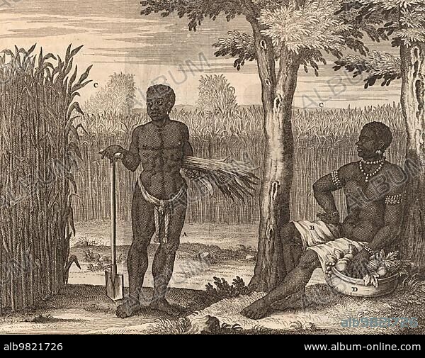 Male and female black slave for work in the sugar cane field; 1833; Historic; digitally restored reproduction from a 19th century original.