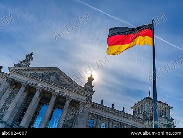 Germany flag flying over the Reichstag; exterior view; Berlin; Germany; Europe.