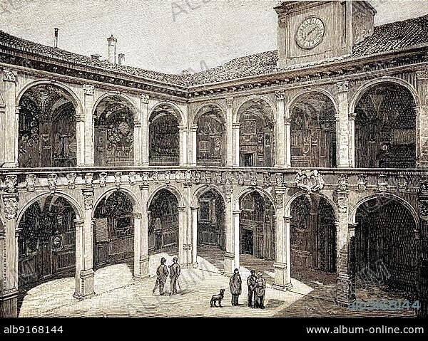 The building of the old University of Bologna in 1870, Italy, Historic, digital reproduction of an original 19th-century artwork, Europe.