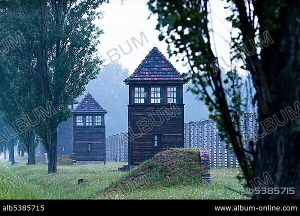 Watchtower and barbed wire fence, Auschwitz-Birkenau concentration camp, Auschwitz, Lesser Poland, Poland, Europe.
