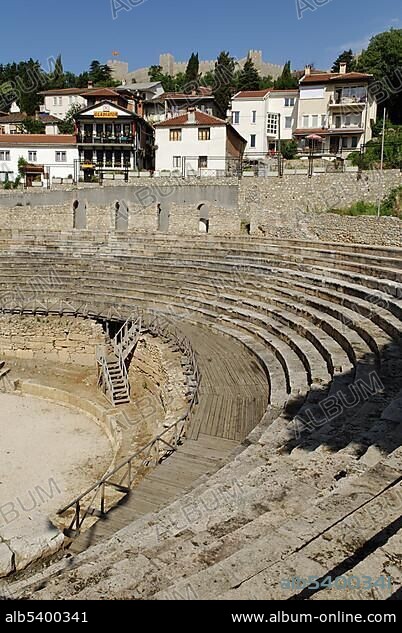 Ancient theatre in Ohrid on Lake Ohrid, UNESCO World Heritage Site, Macedonia, FYROM, Former Yugoslav Republic of Macedonia, Europe.
