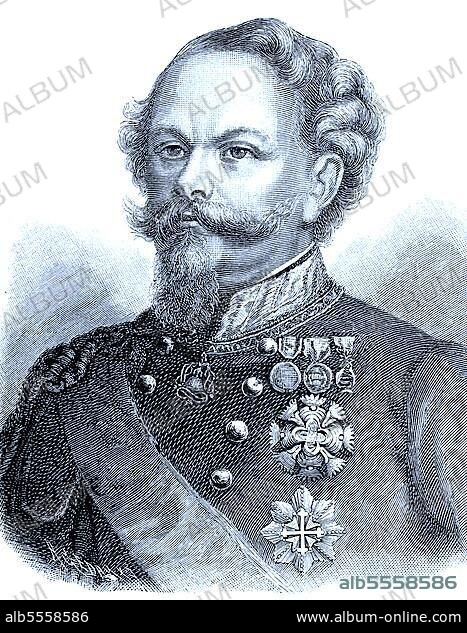 Viktor Emanuel II, vollständiger Name Vittorio Emanuele Maria Alberto Eugenio Ferdinando Tommaso di Savoia, 14. März 1820, 9. Januar 1878, war von 1849 bis 1861 König von Sardinien-Piemont, digitale verbesserte Reproduktion eines Originaldrucks aus dem 19. Jahrhundert.