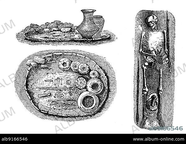 Old Germanic burial types, on the left a cremation grave, type of grave for the burial of cremated remains of the dead as a fire deposit or in vessels made of clay, stone, metal or specially made urns, on the right, burial with weapons in the ground, Germany, digitally restored reproduction of a 19th century original, exact original date unknown, Europe.