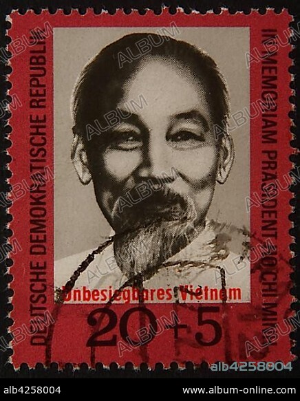 Ho Chi Minh, a Vietnamese Communist revolution leader, portrait on a DDR stamp, Germany, Europe.