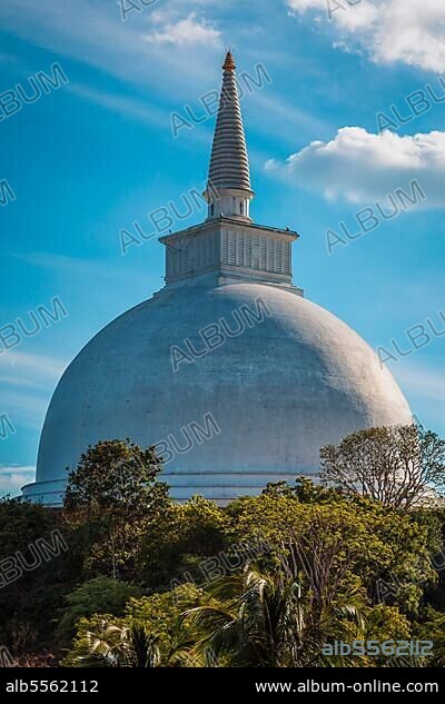 Mahaseya Dagoba ancient Buddhist stupe in Mihintale, Sri Lanka, on sunset, Asia.