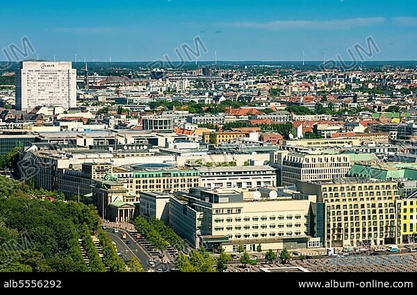View from the high-rise building at Potsdamer Platz towards the Brandenburg Gate, the American Embassy at the Holocaust Memorial and the Charité Hospital, Berlin, Germany, Europe.