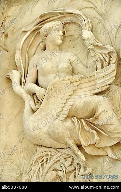 Nymph with swan, relief of the earth goddess Tellus or Italia, between nymphs, Altar of Augustan Peace, Ara Pacis Augustae, eastside, Rome, Lazio, Italy, Europe.